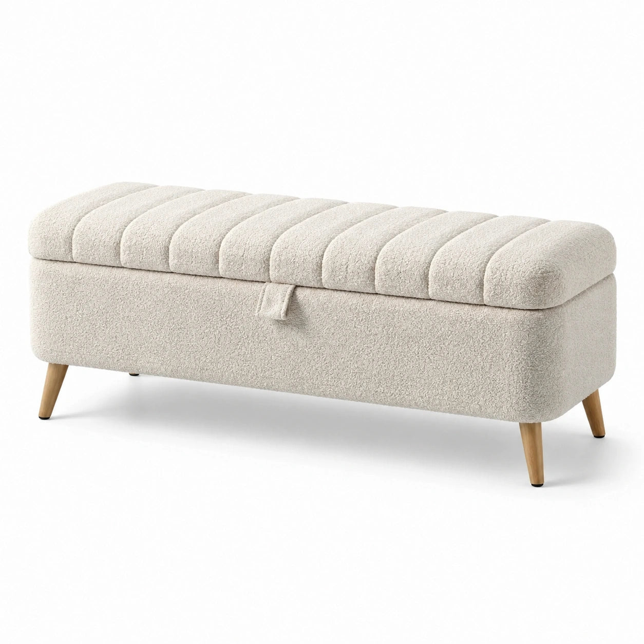 Rechteckige Aufbewahrungsbank Bouclé-Stoff Creme Holzbeine 120cm