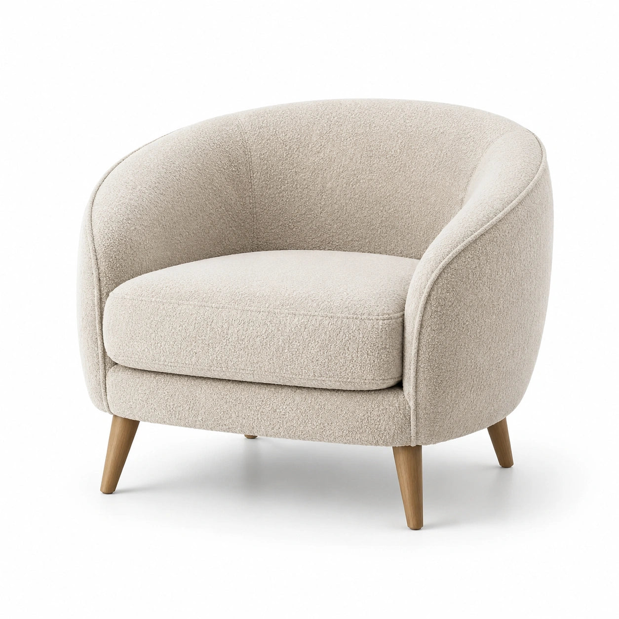 Runder Sessel aus Bouclé-Stoff mit Holzteilen, Beige