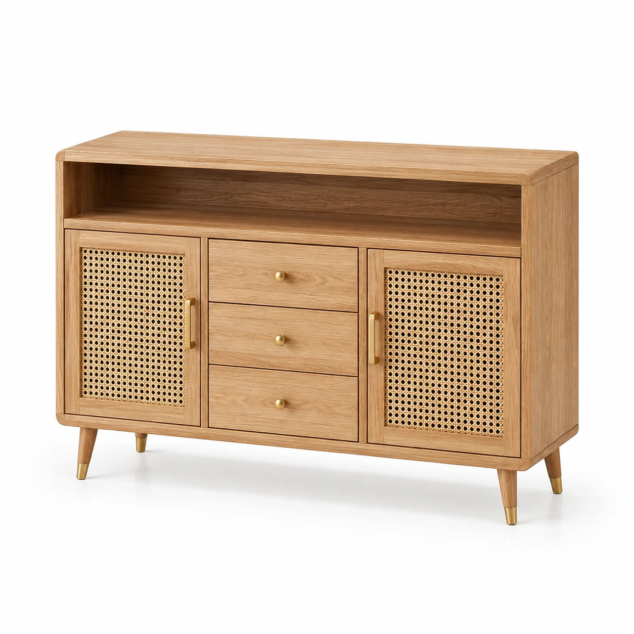 Eichen-Sideboard mit Rattangeflecht und Metallgriffen