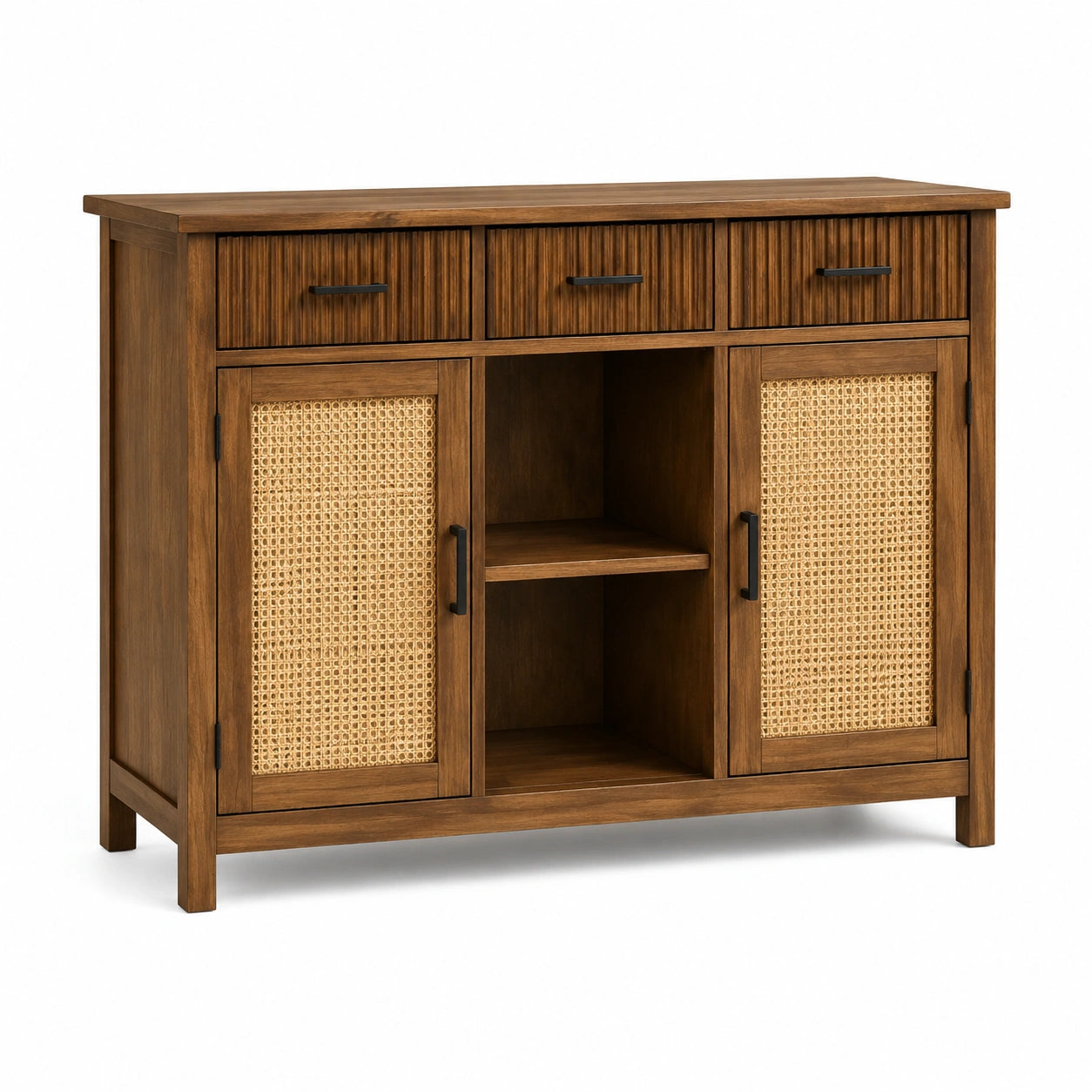 Sideboard aus Massivholz mit Rattan-Türen, Braun