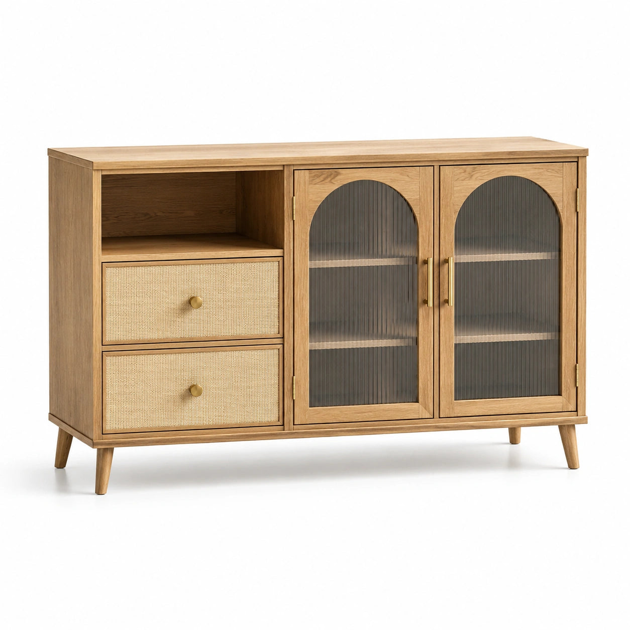 Sideboard aus Eichenholz mit Riffelglas und Metallelementen, 120x40x80 cm