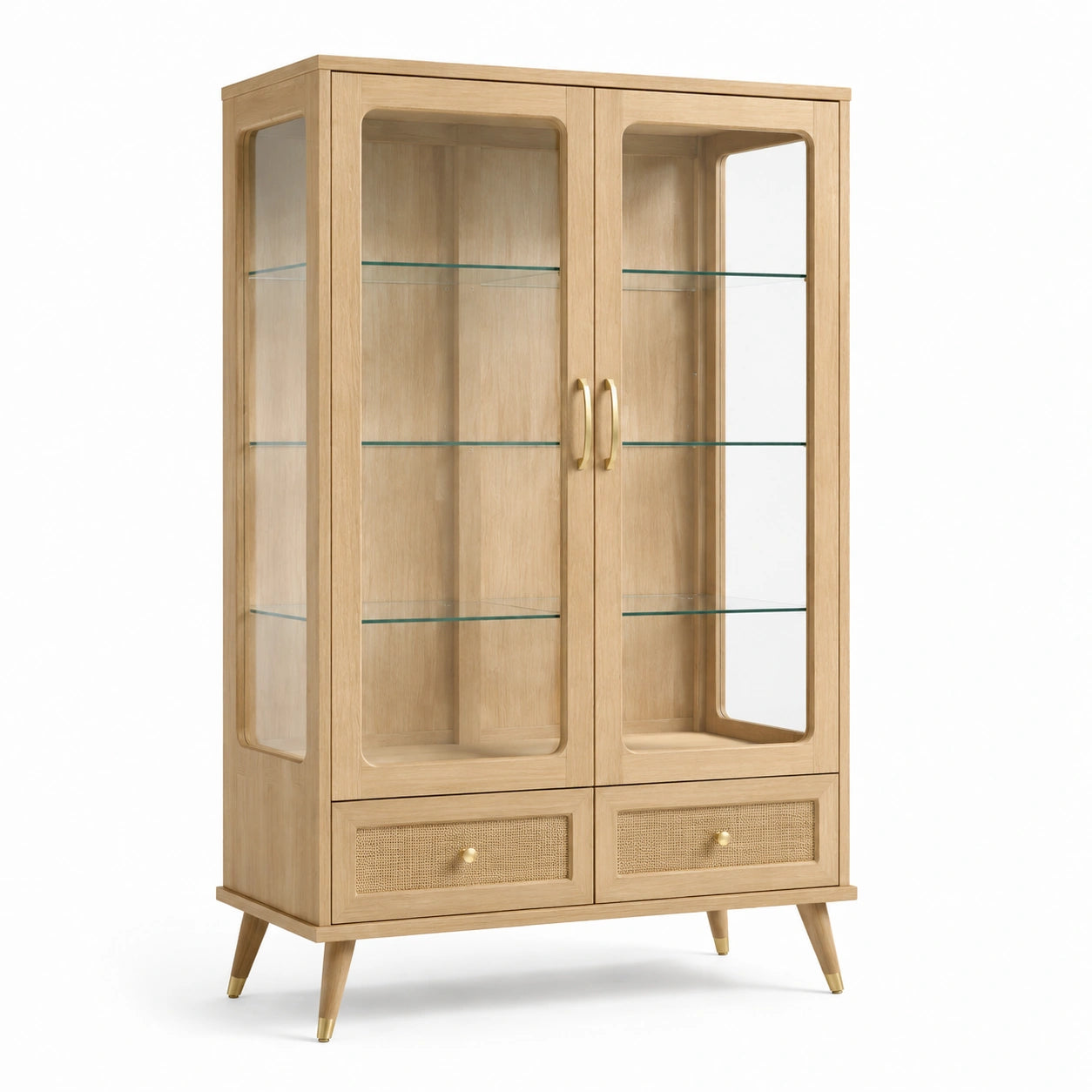 Vitrine aus Holz mit gehärtetem Glas, Naturholz und Gold