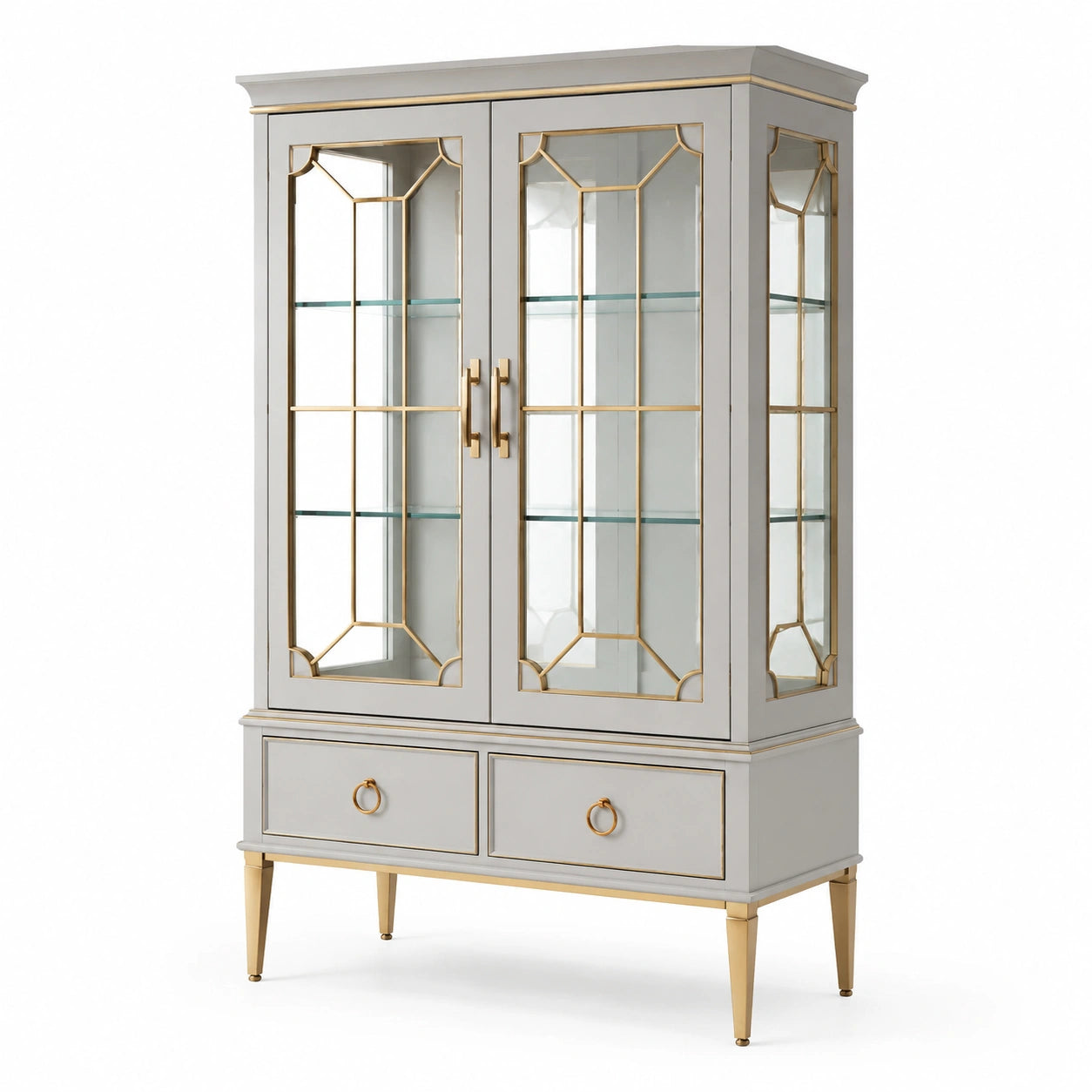 Vitrine aus gehärtetem Glas und Stahl Grau und Gold 210x100x40 cm