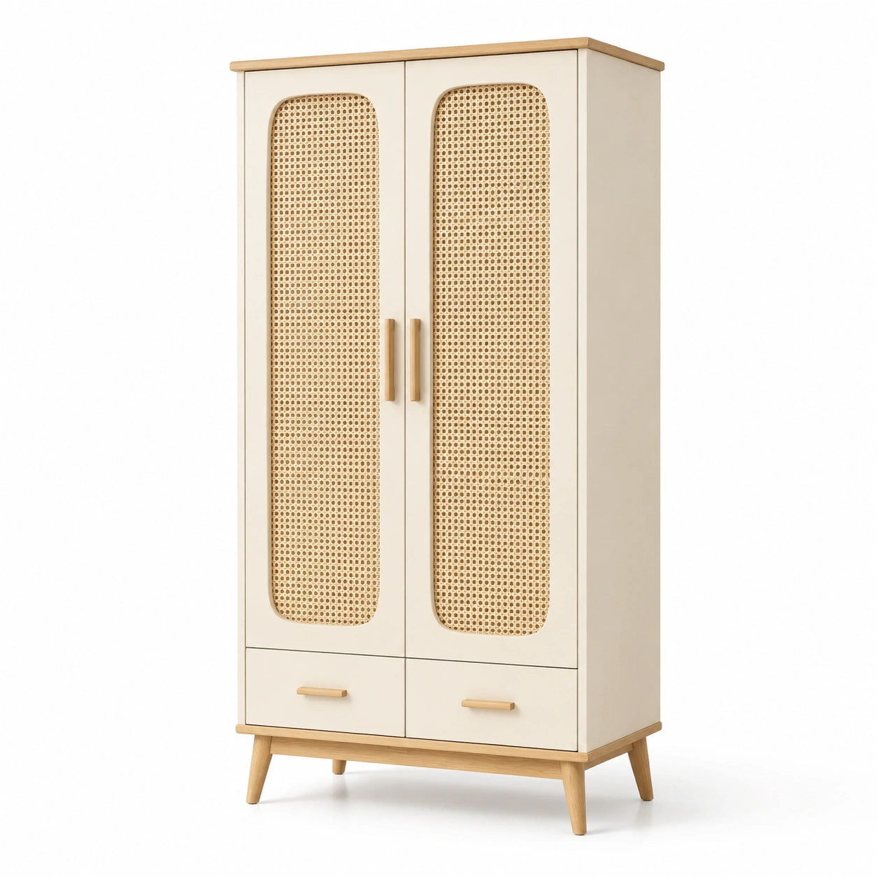 Beiger Holz-Kleiderschrank mit Rattangewebe-Einsätzen und 2 Schubladen