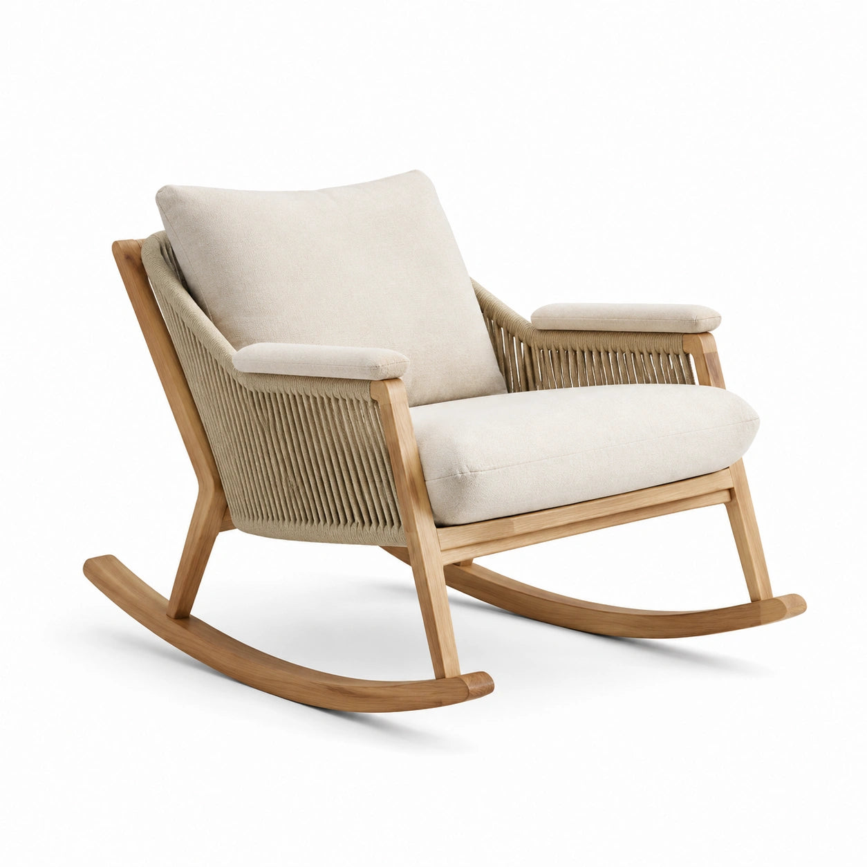 Teakholz Schaukelstuhl mit Polyestergewebe in Beige