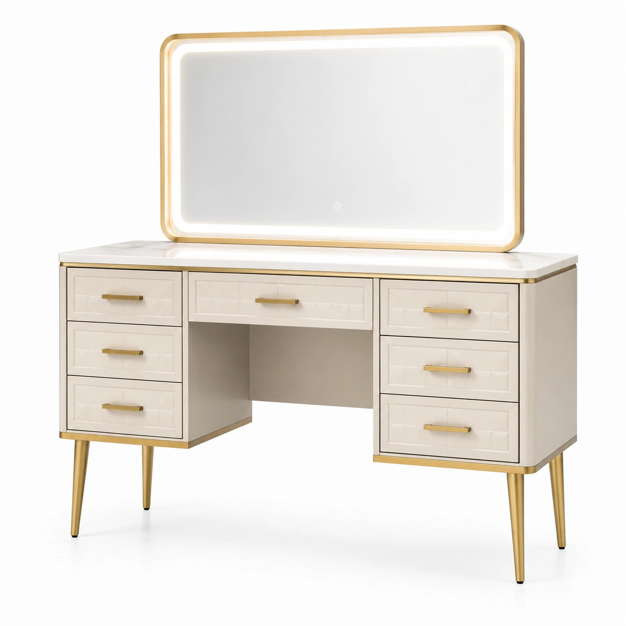 Schminktisch mit Spiegel LED Beleuchtung Metall und MDF Acrylstein Gold Beige